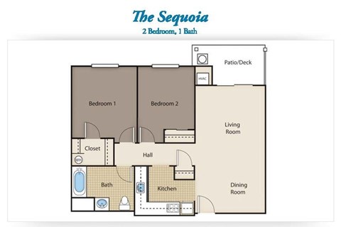 Floor plan for 2 beds, 1 bath, 860 sqft